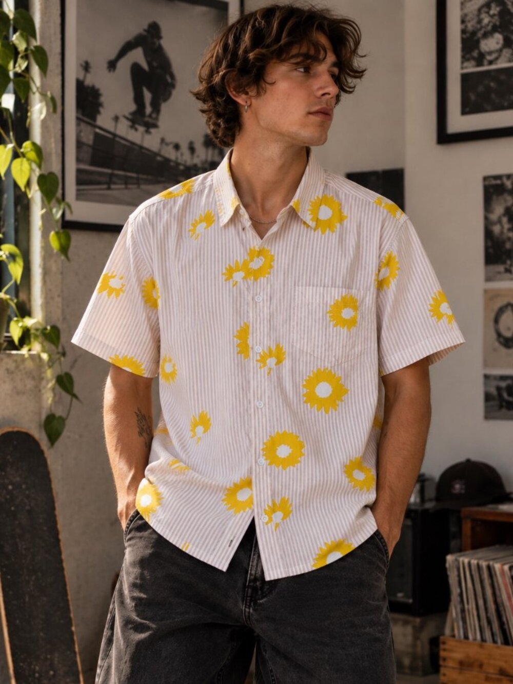 OBEY Floral Striped Button Up Shirt Mens Size M Organic Cotton Skate Streetwear